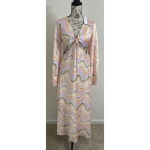 Topshop Maxi Dress Wave Print Tie Front Cutout Long Sleeve Women 8 Pastel